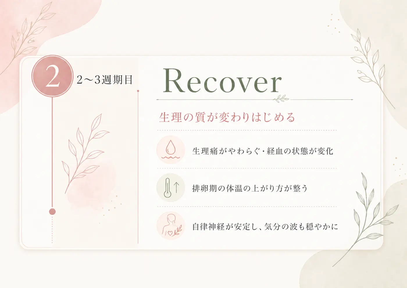 2〜3週期目 Recover｜生理の質が変わりはじめる｜生理痛がやわらぐ・経血の状態が変化／排卵期の体温の上がり方が整う／自律神経が安定し、気分の波も穏やかに